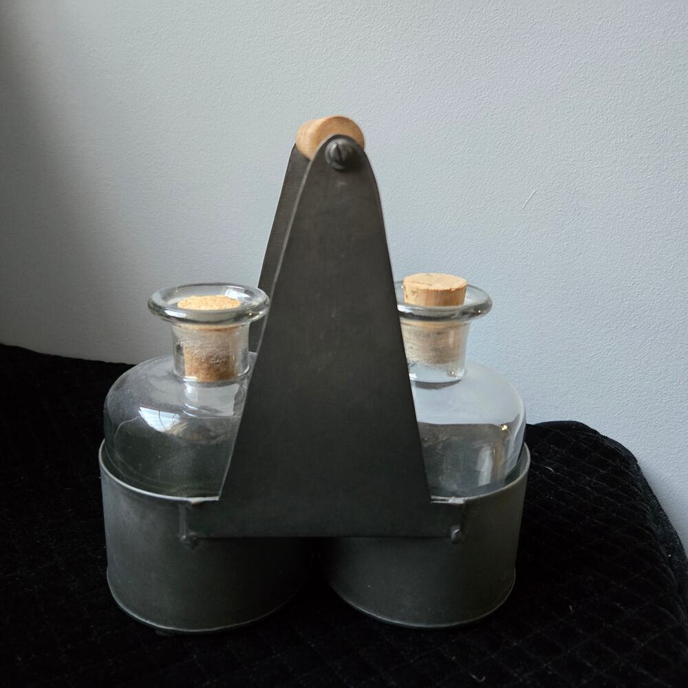 Vintage Metal Caddy Glass Corked Vases Liquid Containers Farmhouse Decor
